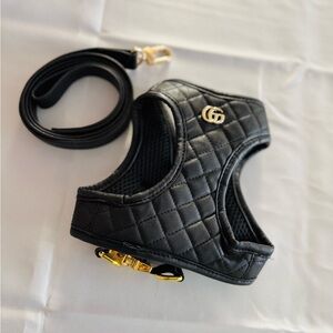 Black Quilted Dog Harness & Leash set with Gold Accents